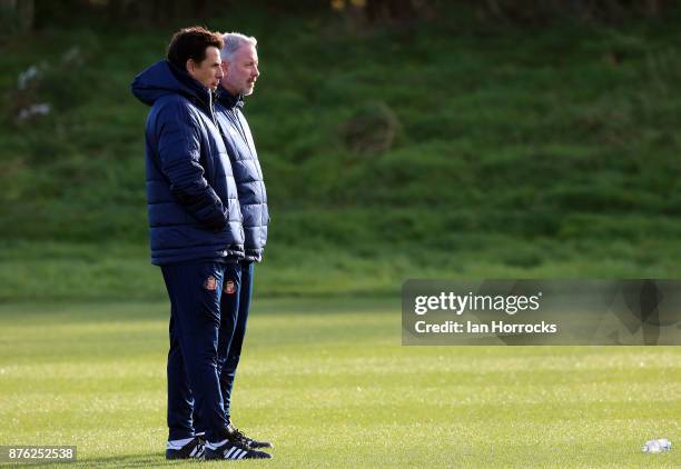 New Sunderland manger Chris Coleman takes his first training session with coach Kit Symons at The Academy of Light on November 19, 2017 in...