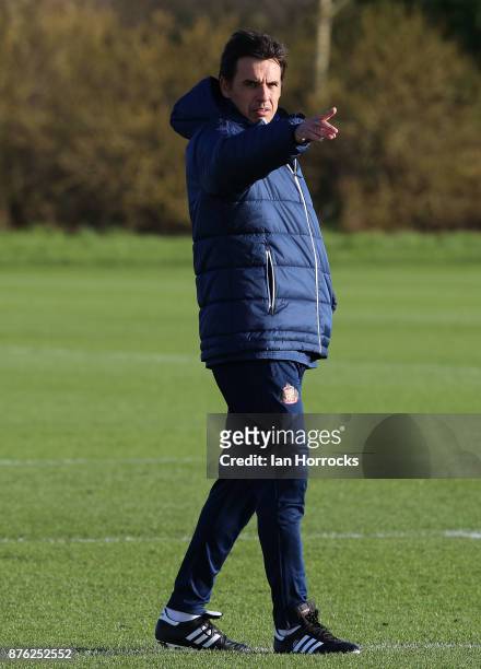 New Sunderland manger Chris Coleman takes his first training session at The Academy of Light on November 19, 2017 in Sunderland, England.