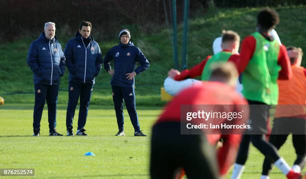 New Sunderland manger Chris Coleman takes his first training session with coach Kit Symons and goal keeping coach Adrian Tucker at The Academy of...