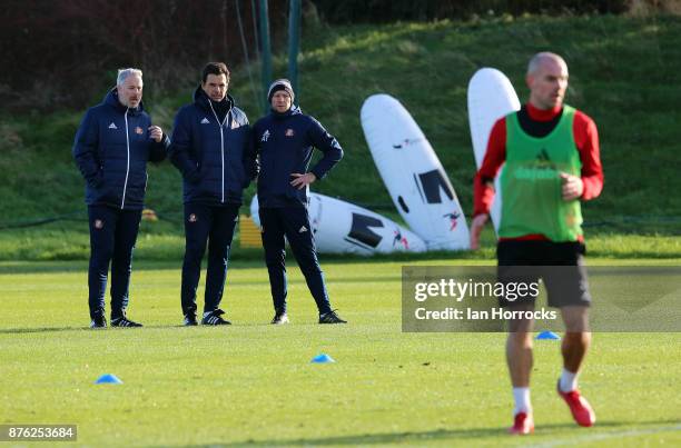 New Sunderland manger Chris Coleman takes his first training session with coach Kit Symons and goal keeping coach Adrian Tucker at The Academy of...