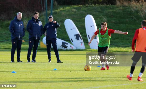 New Sunderland manger Chris Coleman takes his first training session with coach Kit Symons and goal keeping coach Adrian Tucker at The Academy of...