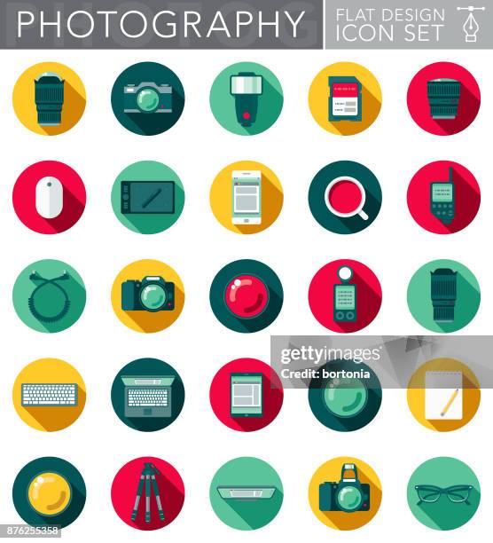 stockillustraties, clipart, cartoons en iconen met fotografie platte ontwerp icon set met kant schaduw - spiegelreflexcamera