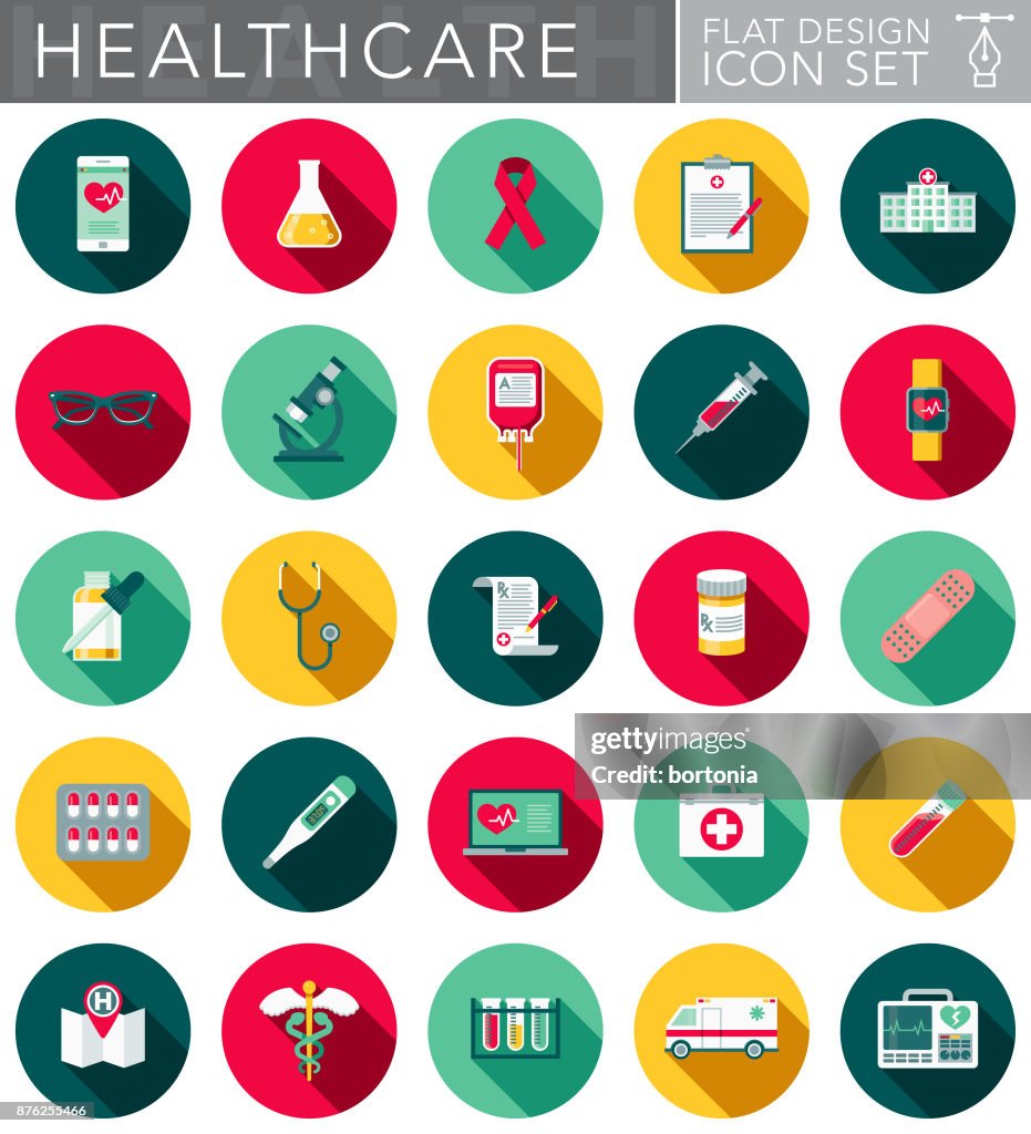 Healthcare & Medicine Flat Design Icon Set with Side Shadow