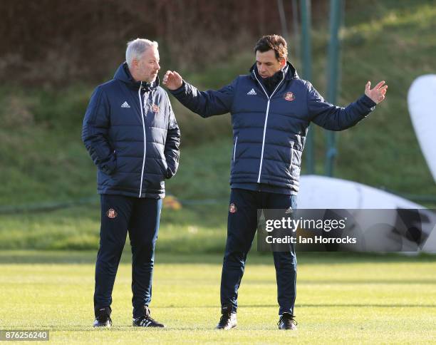 New Sunderland manger Chris Coleman takes his first training session with coach Kit Symons at The Academy of Light on November 19, 2017 in...