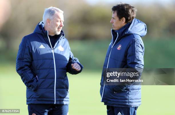 New Sunderland manger Chris Coleman takes his first training session with coach Kit Symons at The Academy of Light on November 19, 2017 in...