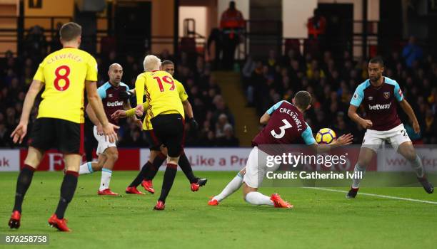 Will Hughes of Watford scores their first goal during the Premier League match between Watford and West Ham United at Vicarage Road on November 19,...