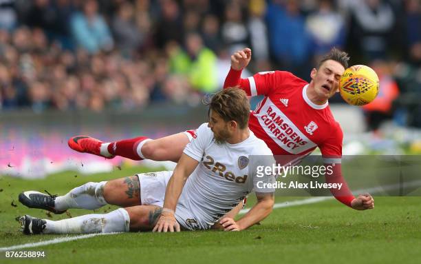 Gaetano Berardi of Leeds United tackles Connor Roberts of Middlesbrough during the Sky Bet Championship match between Leeds United and Middlesbrough...