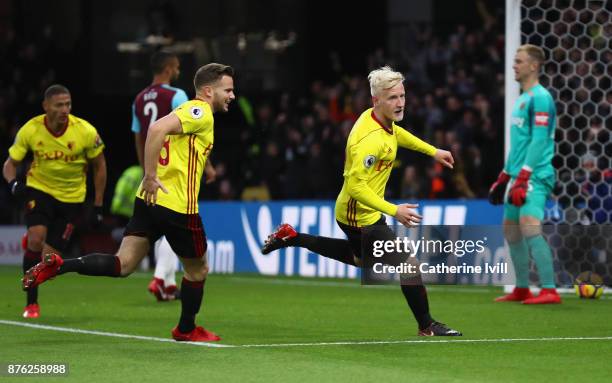 Will Hughes of Watford celebrates as he scores their first goal with team mates during the Premier League match between Watford and West Ham United...