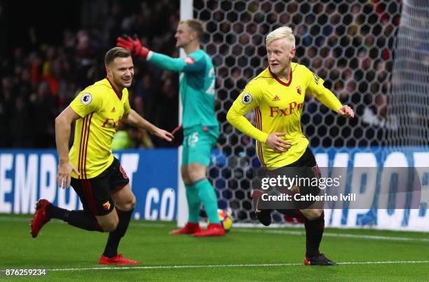 Will Hughes of Watford celebrates as he scores their first goal with team mate Tom Cleverley during the Premier League match between Watford and West...