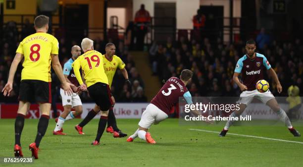 Will Hughes of Watford scores their first goal during the Premier League match between Watford and West Ham United at Vicarage Road on November 19,...