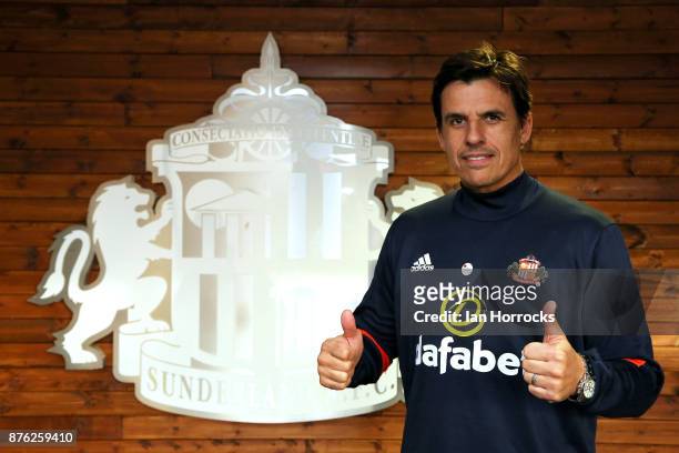 Chris Coleman shows support for the campaign "For Bradley" after being named as the new Sunderland manager at The Academy of Light on November 19,...