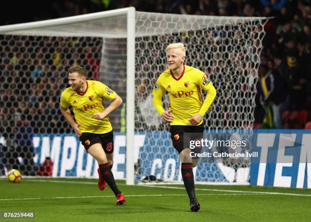 Will Hughes of Watford celebrates as he scores their first goal with team mate Tom Cleverley during the Premier League match between Watford and West...