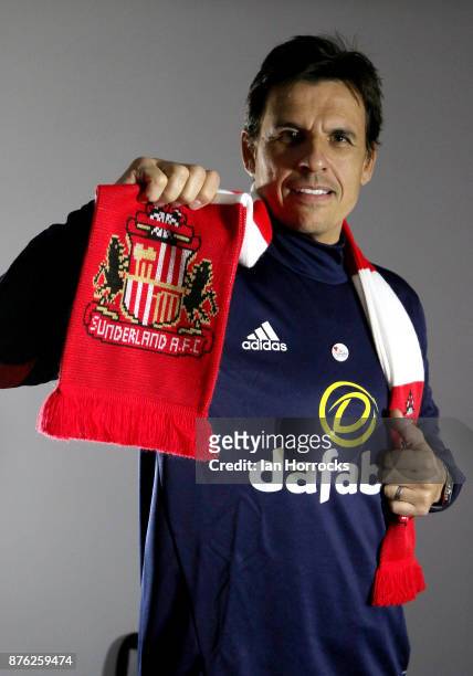 Chris Coleman holds a club shirt after being named as the new Sunderland manager at The Academy of Light on November 19, 2017 in Sunderland, England.