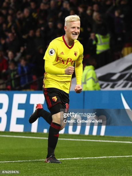 Will Hughes of Watford celebrates as he scores their first goal during the Premier League match between Watford and West Ham United at Vicarage Road...