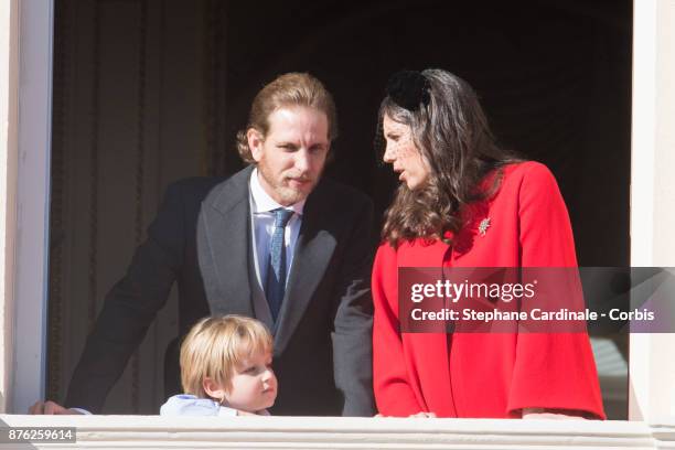 Andrea Casiraghi, Sacha Casiraghi and Tatiana Casiraghi greet the crowd from the palace's balcony during the Monaco National Day Celebrations on...