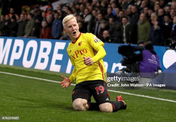 Watford's Will Hughes celebrates scoring his side's first goal of the game during the Premier League match at Vicarage Road, Watford.