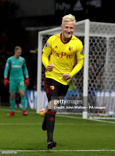 Watford's Will Hughes celebrates scoring his side's first goal of the game during the Premier League match at Vicarage Road, Watford.