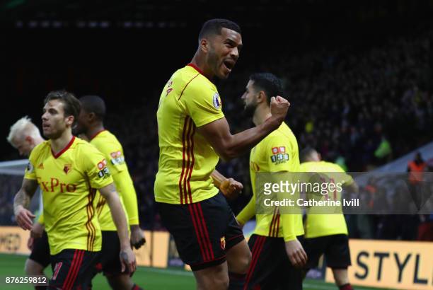 Adrian Mariappa of Watford celebrates as Will Hughes of Watford scores their first goal during the Premier League match between Watford and West Ham...