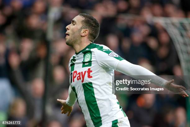 Mimoun Mahi of FC Groningen celebrates 3-2 during the Dutch Eredivisie match between FC Groningen v Vitesse at the NoordLease Stadium on November 19,...