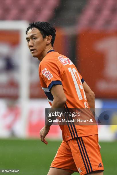 Kisho Yano of Albirex Niigata is brought in during the J.League J1 match between Albirex Niigata and Ventforet Kofu at Denka Big Swan Stadium on...