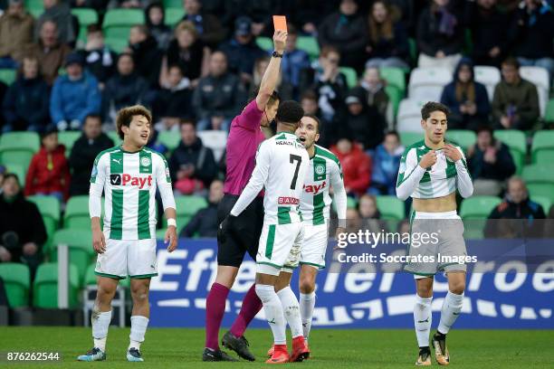 Uriel Antuna of FC Groningen receives a red card from referee Jeroen Manschot during the Dutch Eredivisie match between FC Groningen v Vitesse at the...