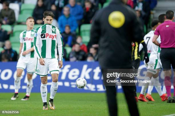 Uriel Antuna of FC Groningen is leaving the pitch after receiving a red card during the Dutch Eredivisie match between FC Groningen v Vitesse at the...