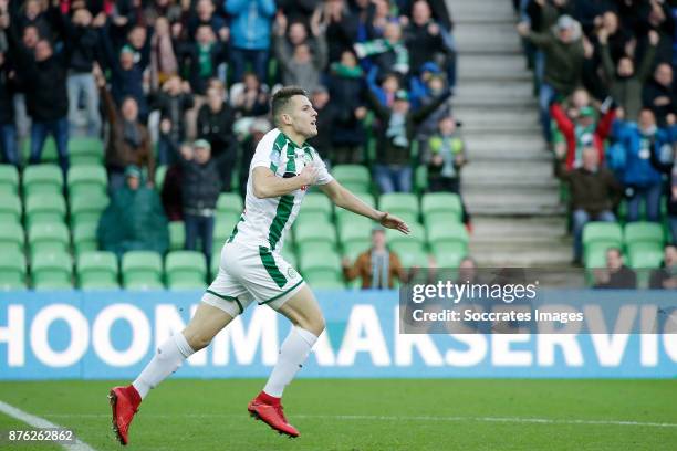 Oussama Idrissi of FC Groningen celebrates 2-2 during the Dutch Eredivisie match between FC Groningen v Vitesse at the NoordLease Stadium on November...