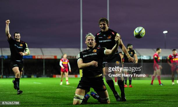 Jonny Hill of Exeter Chiefs celebrates his sides fourth try during the Aviva Premiership match between Exeter Chiefs and Harlequins at Sandy Park on...