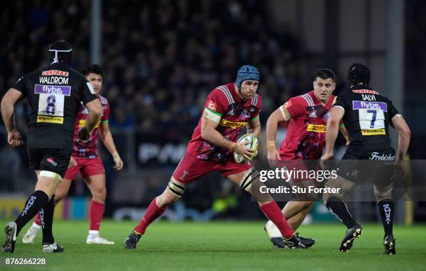 Quins player James Horwill on the charge during the Aviva Premiership match between Exeter Chiefs and Harlequins at Sandy Park on November 19, 2017...