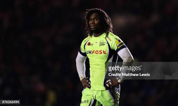 Marland Yarde of Sale Sharks loks on during the Aviva Premiership match between Leicester Tigers and Sale Sharks at Welford Road on November 19, 2017...