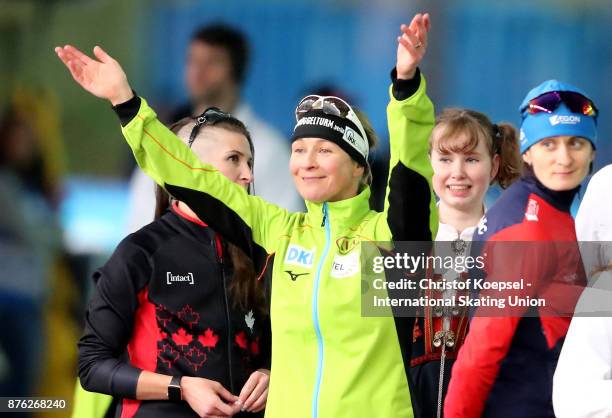 Claudia Pechstein of Germany poses during the medal ceremony after winning the 1st place in the ladies 5000m Division A race during Day 3 of the ISU...