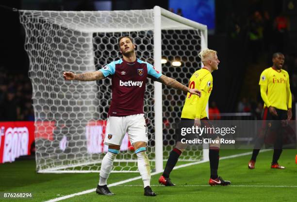 Marko Arnautovic of West Ham United reacts after a missed chance during the Premier League match between Watford and West Ham United at Vicarage Road...
