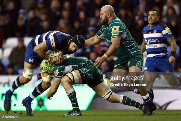 Luke Charteris of Bath Rugby is tackled by Conor Gilsenan of London Irish during the Aviva Premiership match between London Irish and Bath Rugby at...