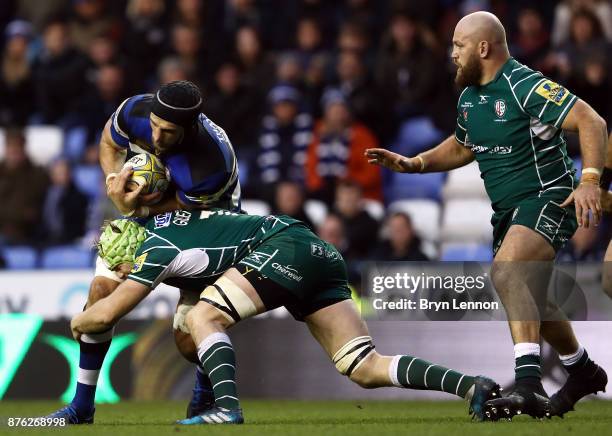 Luke Charteris of Bath Rugby is tackled by Conor Gilsenan of London Irish during the Aviva Premiership match between London Irish and Bath Rugby at...