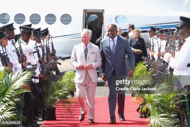 Prince Charles, Prince of Wales is met by Prime Minister of Dominica, Roosevelt Skerrit, as he arrives in Dominica on November 19, 2017 in Dominica....