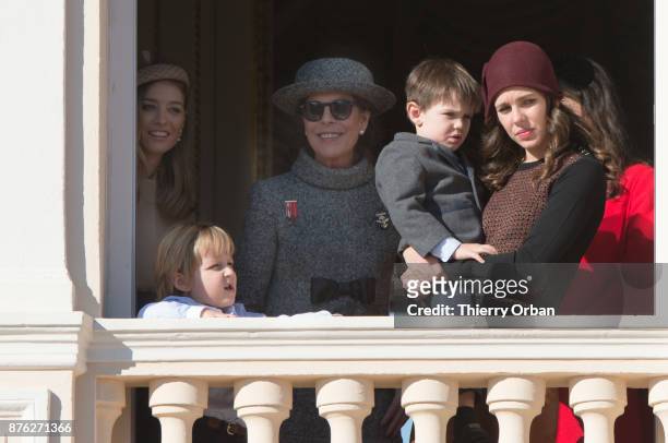 Princess Caroline of Hanover,Sacha Casiraghi, Raphael Casiraghi, Charlotte Casiraghi and Tatiana Casiraghi greet the crowd from the palace's balcony...