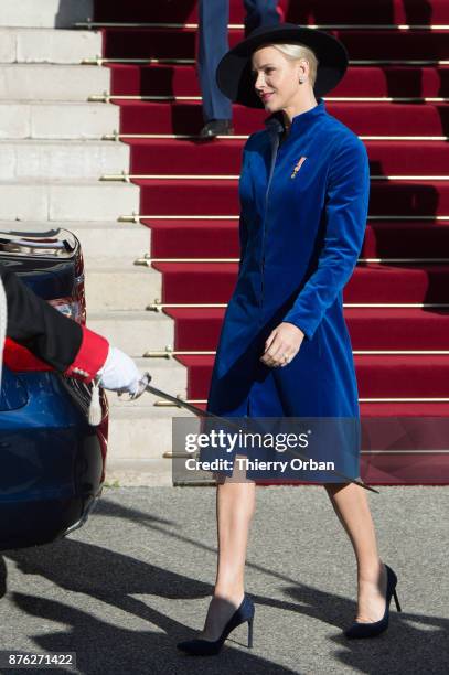 Princess Charlene of Monaco leaves the Cathedral of Monaco after a mass during the Monaco National Day Celebrations on November 19, 2017 in Monaco,...