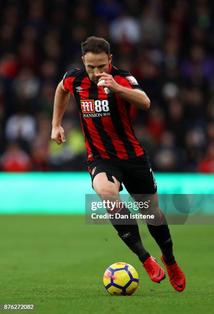 Marc Pugh of Bournemouth runs with the ball during the Premier League match between AFC Bournemouth and Huddersfield Town at Vitality Stadium on...