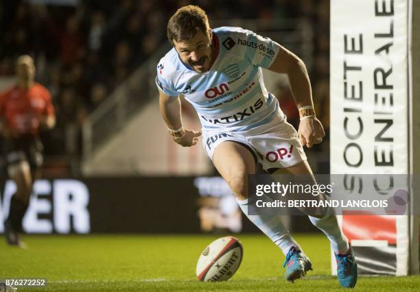 Racing 92's winger Marc Andreu reacts after scoring a try during the French Top 14 rugby union match RC Toulon vs Racing 92 on November 19, 2017 at...