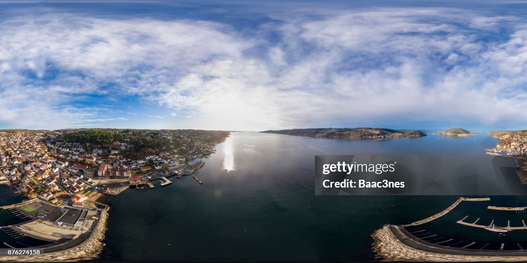360 degree aerial view of Drøbak city, Norway