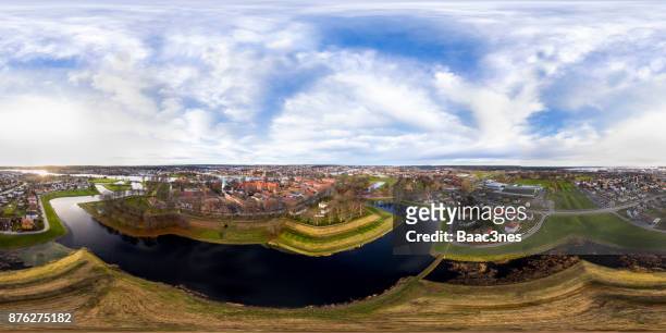360 degree aerial view of gamlebyen in fredrikstad city, norway - akershus fortress stock-fotos und bilder