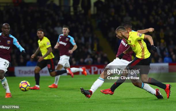 Richarlison de Andrade of Watford scores their second goal during the Premier League match between Watford and West Ham United at Vicarage Road on...