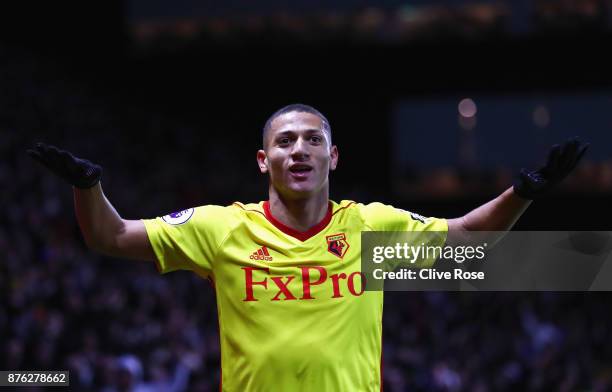 Richarlison de Andrade of Watford celebrates as he scores their second goal during the Premier League match between Watford and West Ham United at...