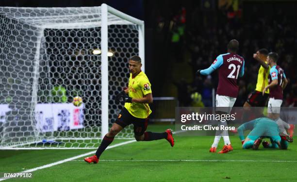 Richarlison de Andrade of Watford celebrates as he scores their second goal during the Premier League match between Watford and West Ham United at...