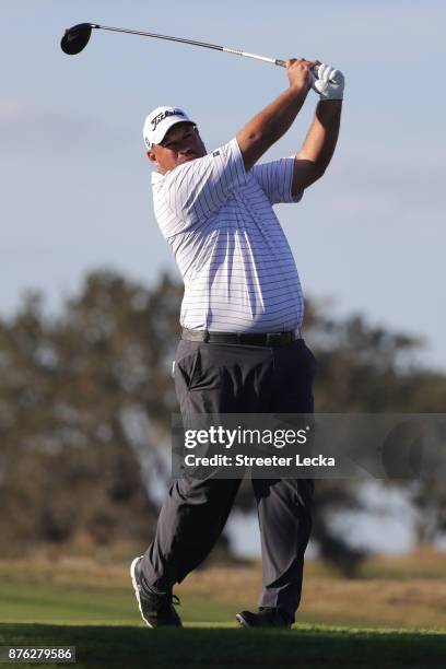 Brendon de Jonge of Zimbabwe plays his shot from the 16th tee during the third round of The RSM Classic at Sea Island Golf Club Seaside Course on...