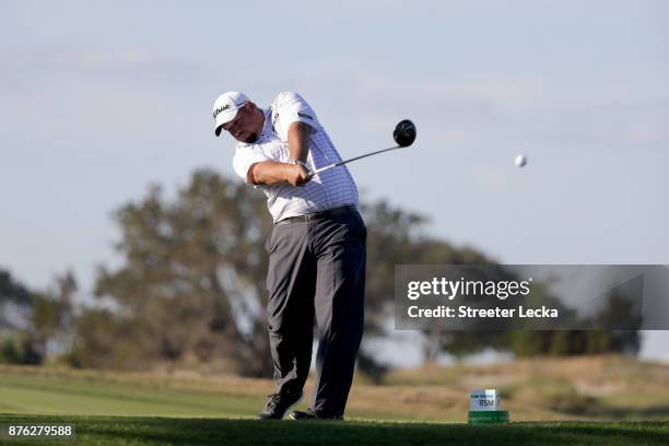 Brendon de Jonge of Zimbabwe plays his shot from the 16th tee during the third round of The RSM Classic at Sea Island Golf Club Seaside Course on...