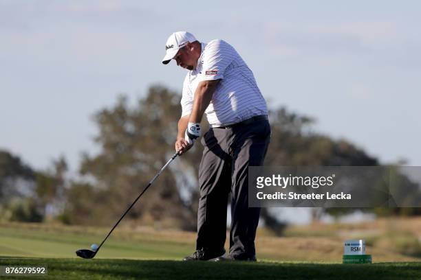 Brendon de Jonge of Zimbabwe plays his shot from the 16th tee during the third round of The RSM Classic at Sea Island Golf Club Seaside Course on...