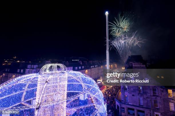 Fireworks over Charlotte Square during 'Light Night', the event that celebrates the start of Christmastime in Edinburgh at George Street on November...