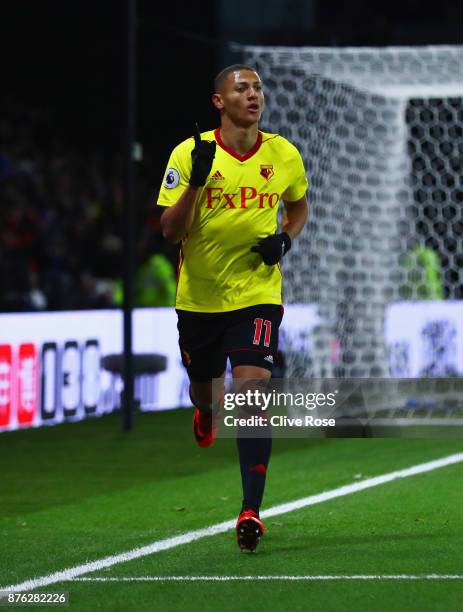 Richarlison de Andrade of Watford celebrates as he scores their second goal during the Premier League match between Watford and West Ham United at...