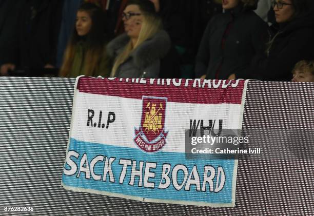 West Ham fans display a 'sack the board' banner during the Premier League match between Watford and West Ham United at Vicarage Road on November 19,...